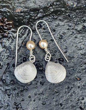 Silver Cockle Shell and Pearl Earrings-jewellery-HYDRO SURF