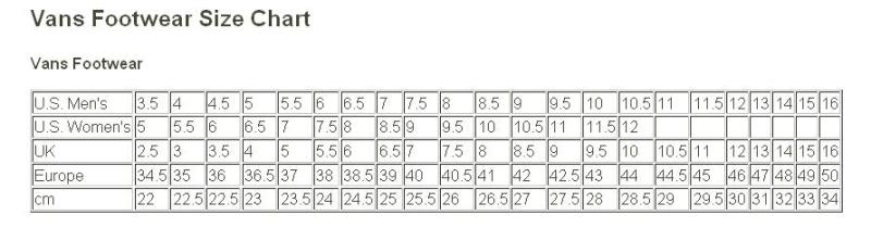 vans size measurements