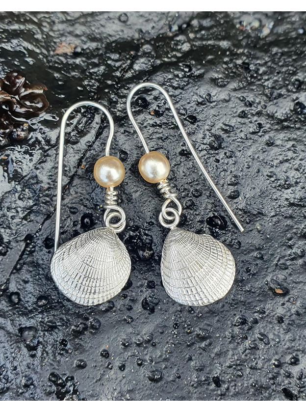 Silver Cockle Shell and Pearl Earrings