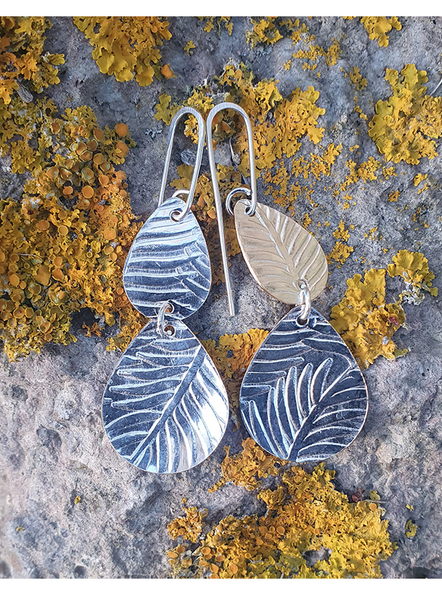 Silver & Copper Earrings Fern Leaf Pattern