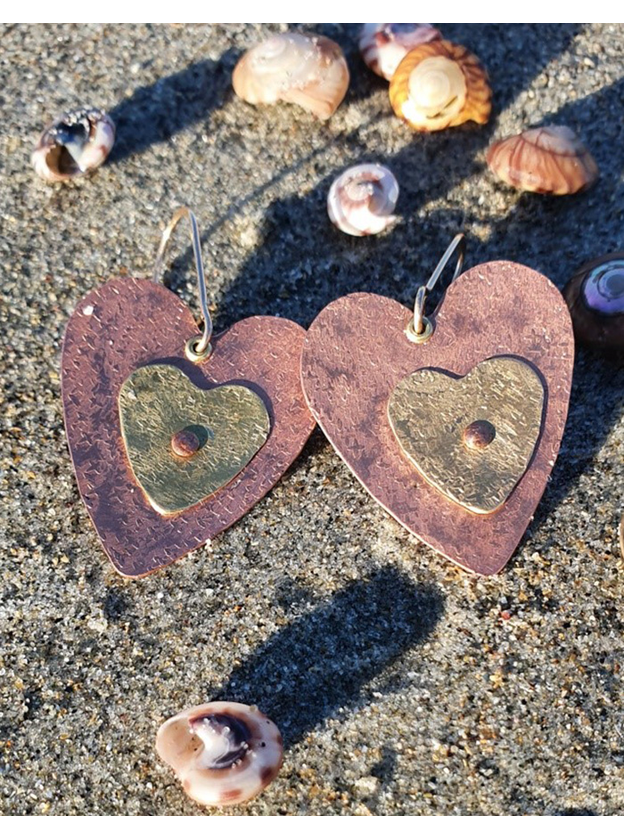Copper & Brass Textured Heart Earrings