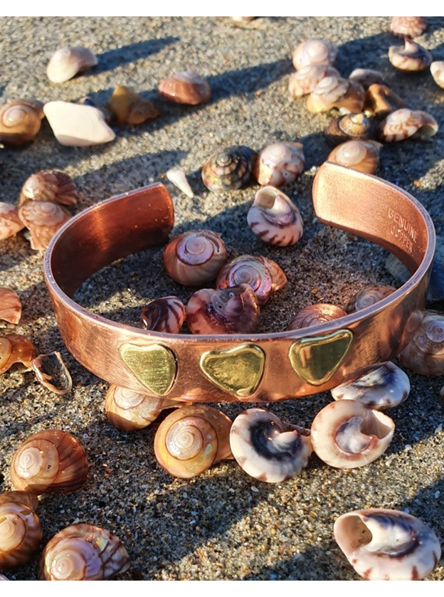 Copper Cuff Bracelet with Brass Hearts